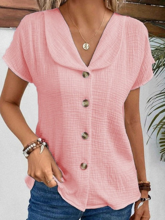 Solid Color Fashion Short Sleeve Cardigan Button Women's Top