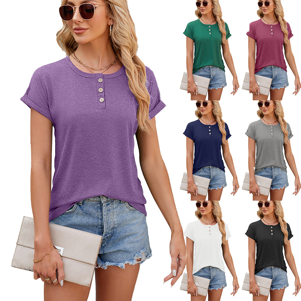 Women's Summer Solid Color Round Neck Button Loose T-shirt