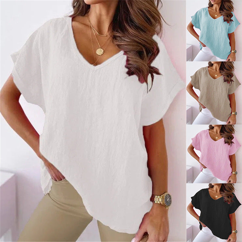 Solid Color Cotton And Linen Short-sleeved V-neck Shirt T-shirt For Women