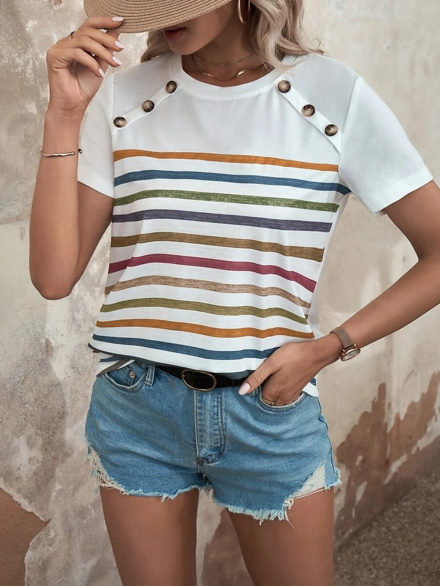 Women's Summer Stripes Printed Stitching Button Short-sleeved Casual Top