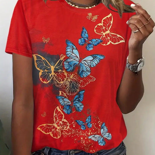 European And American Ladies Tie-dye T-shirt Butterfly Print Garden Collar