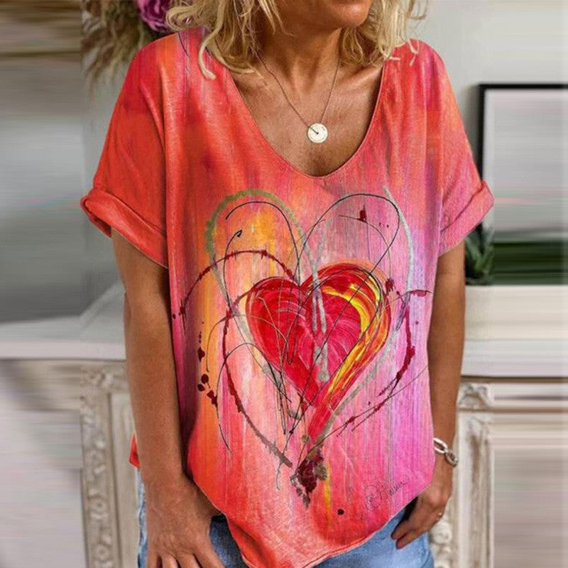 Graffiti Heart Print Loose Casual Short Sleeve T-Shirt