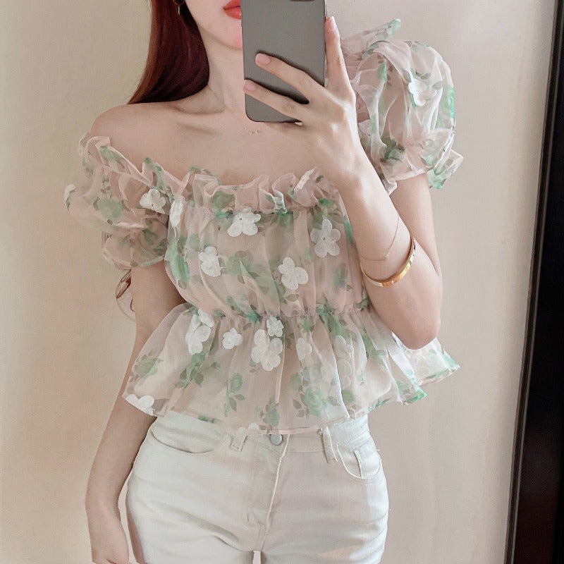 Sweet Floral Short Sleeved Chiffon Shirt Women's Summer French Shoulder