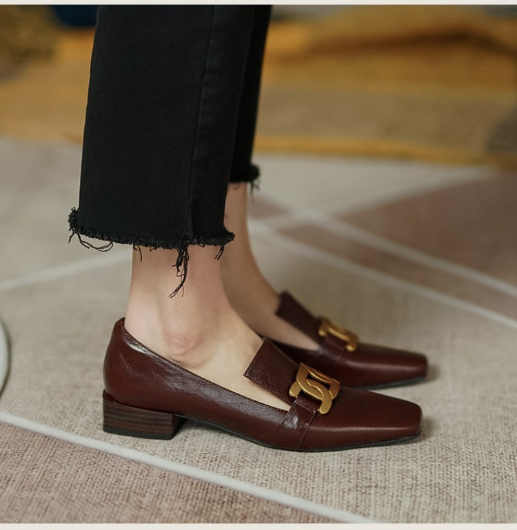 Female Square Toe Low Heel Retro Brown Leather Shoes