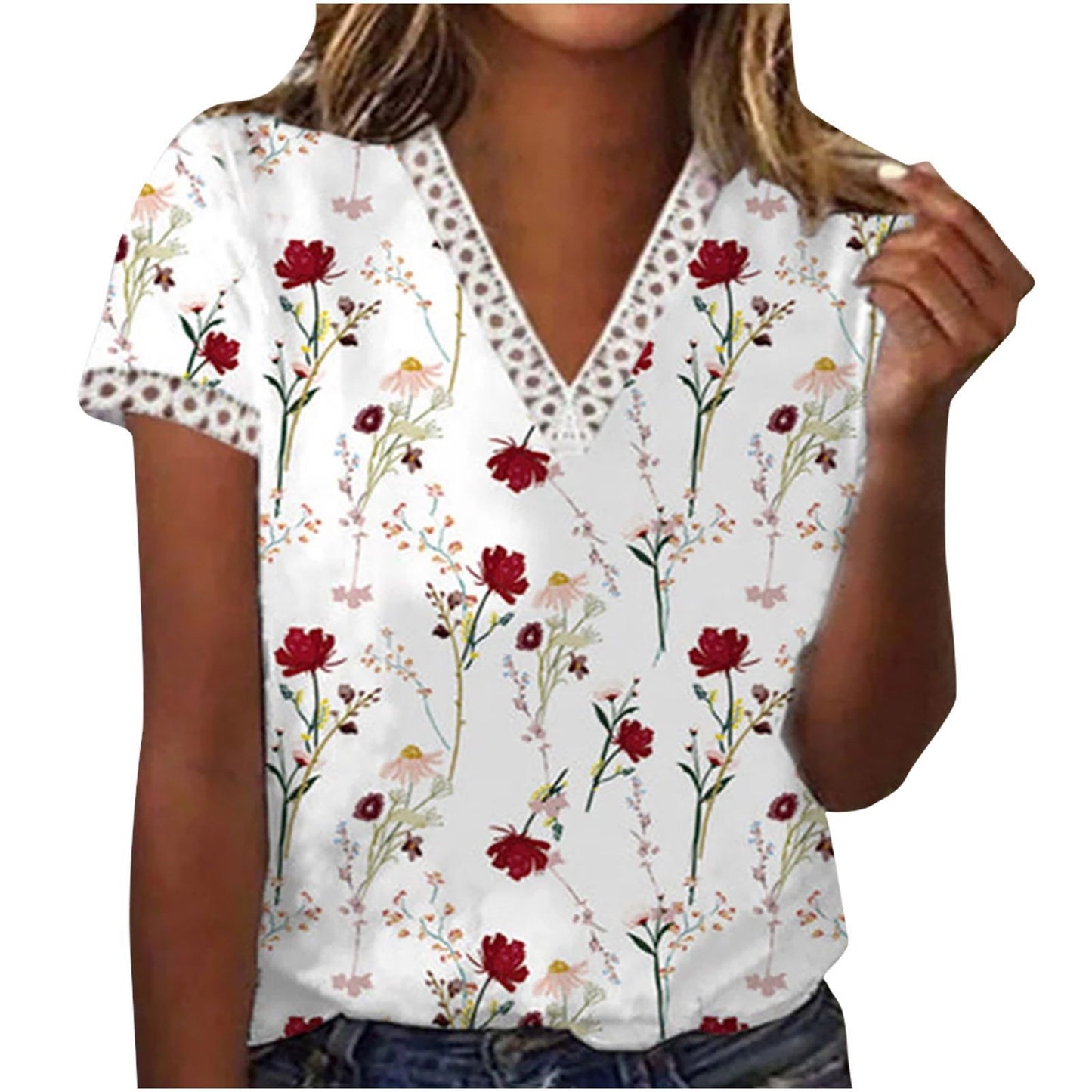 Leisure Holiday V Neck Flower Print Short Sleeve