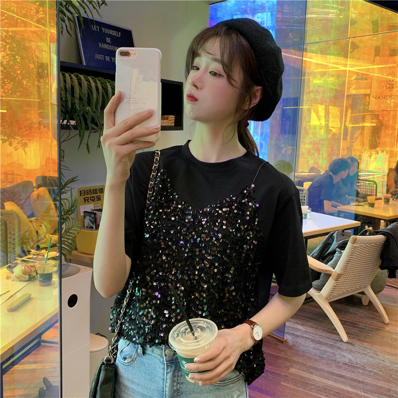 Sequined Korean-style Short-sleeved T-shirt False Two-piece Patchwork Loose All-matching Top