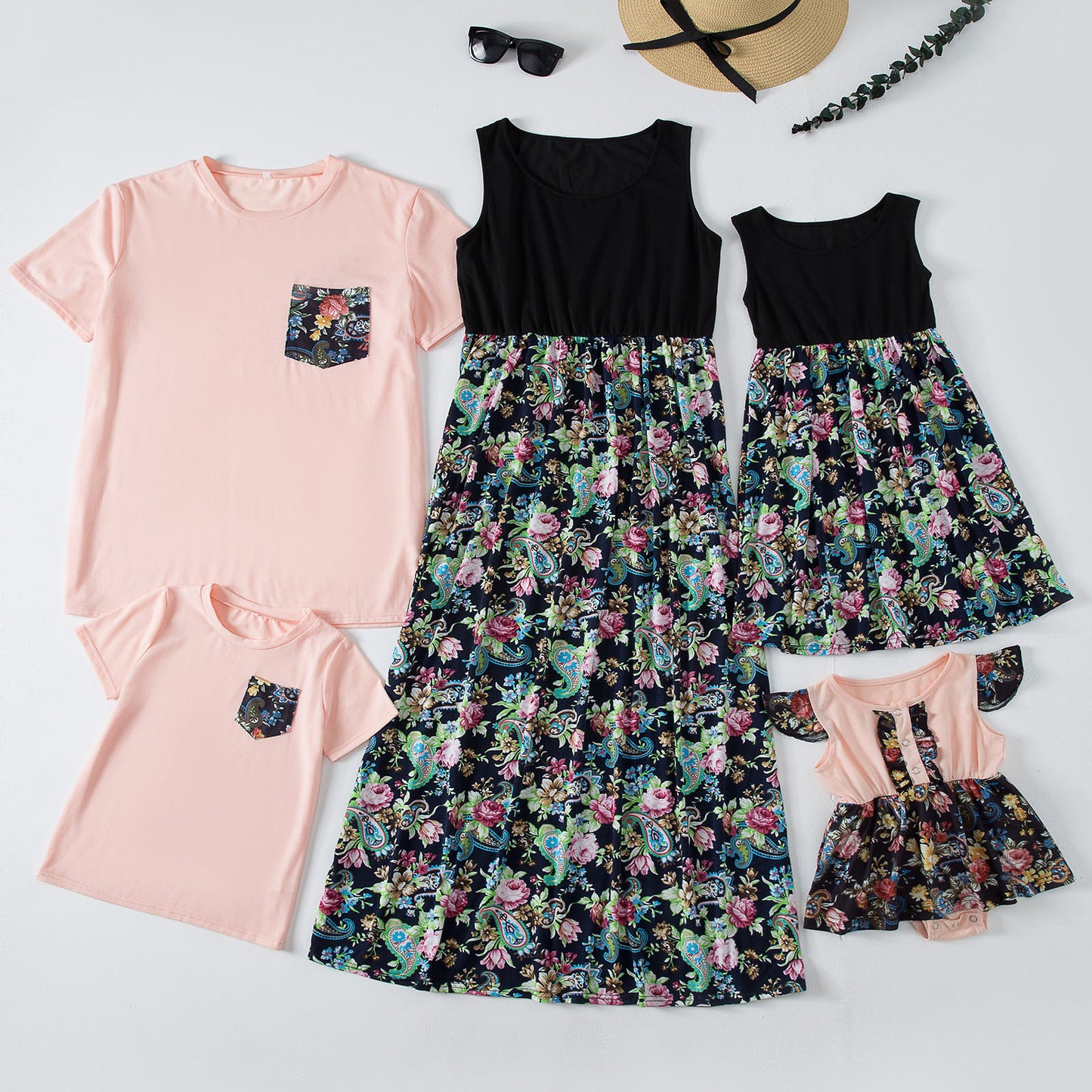 Fashion Waist Stitching Stitching Print Long Dress Parent-child Outfit Family