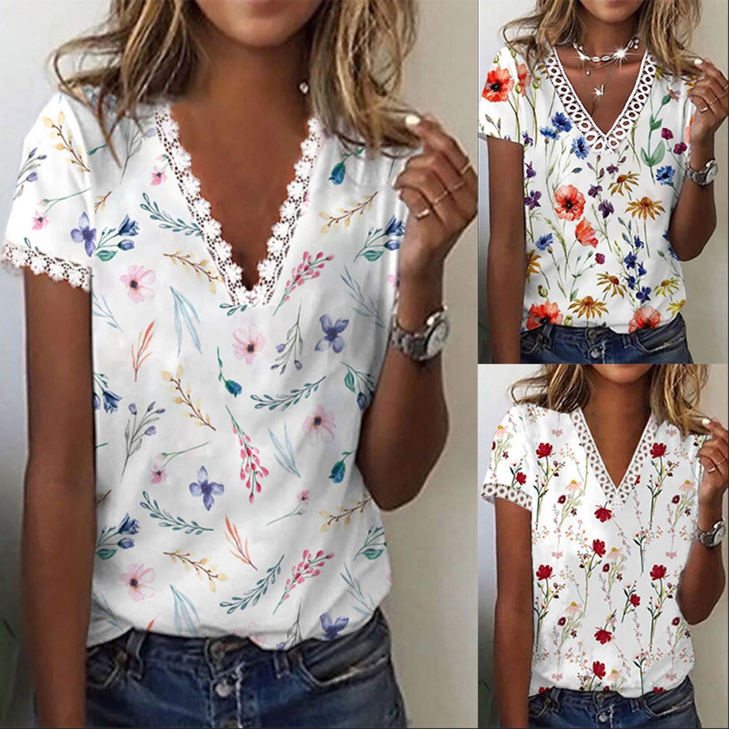 Leisure Holiday V Neck Flower Print Short Sleeve