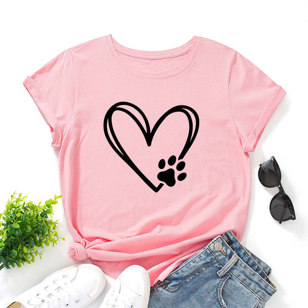 Women's Loose Round Neck Short Sleeve T-shirt With Heart-shaped Palm Print