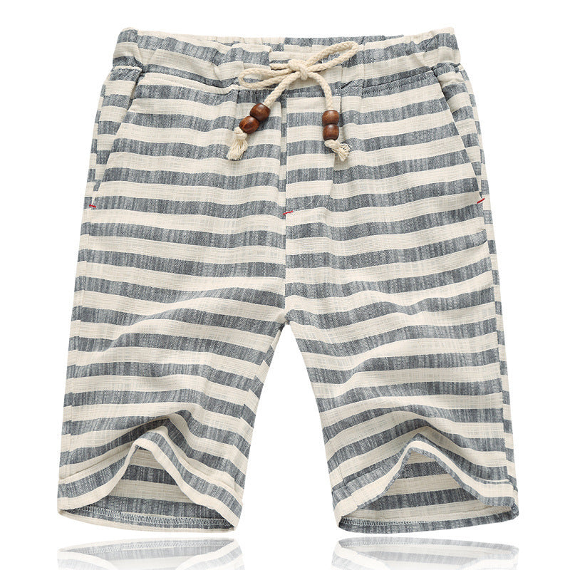 Men's Mixed Color Stripe Cotton Linen Cropped Casual Shorts