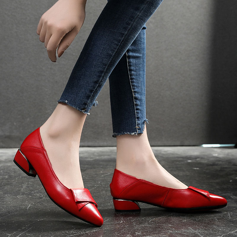 New Pointed Shallow Mouth Low Heel Soft Leather Thick Heel Single Shoes Female Large Size Women's Shoes