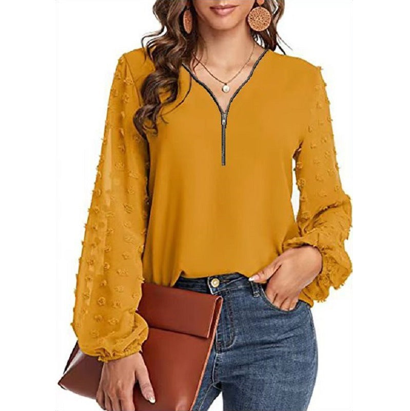 Women's V-neck Chiffon Shirt With Long Sleeve Stitching