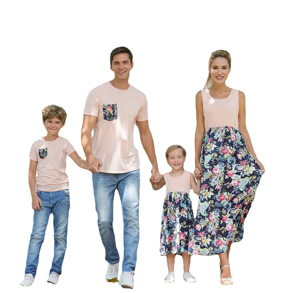 Fashion Waist Stitching Stitching Print Long Dress Parent-child Outfit Family