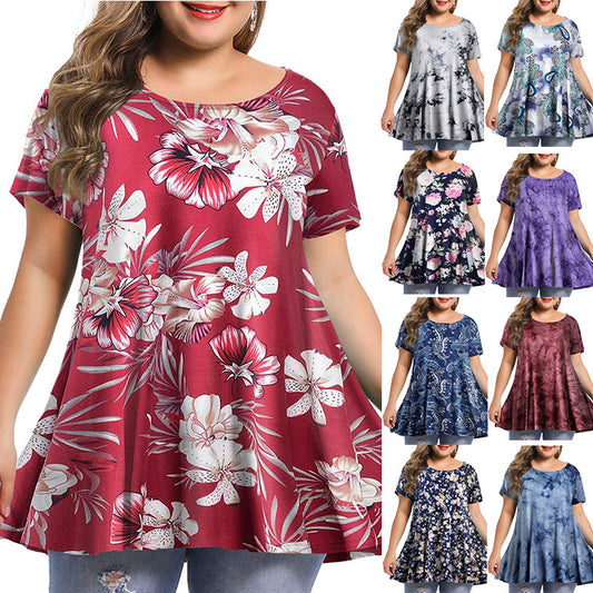 Women's New Fashion Round Neck Printing Large Size Short Sleeves