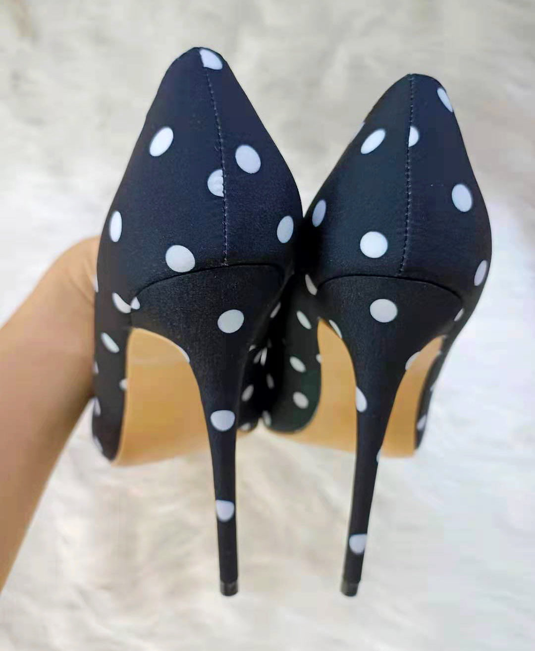 Black Satin Polka-dot High-heeled Shoes Female  Stiletto Pointed Shallow Mouth Single Shoes