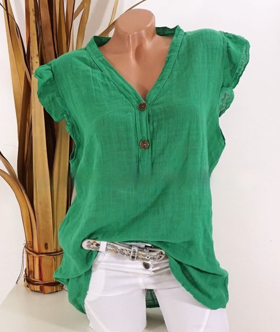 V-neck Plus Size Cotton And Linen Women's Loose T-shirt