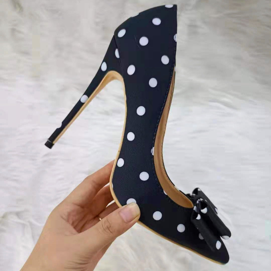 Black Satin Polka-dot High-heeled Shoes Female  Stiletto Pointed Shallow Mouth Single Shoes